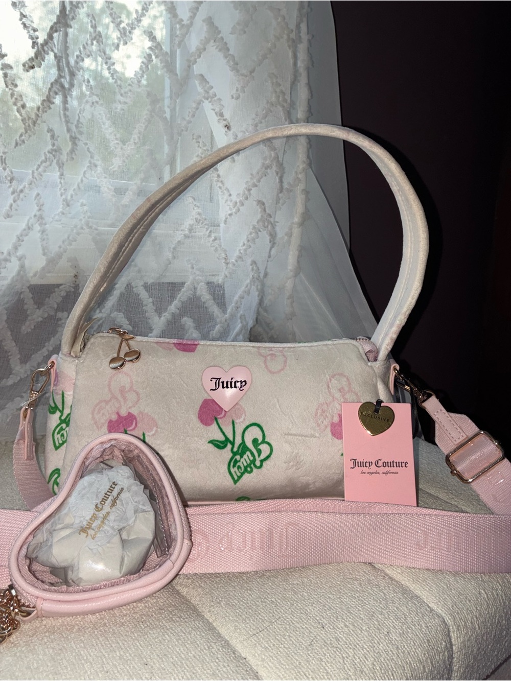 Juicy Couture Pale Pink Shoulder Bag with Green Logo Cherry Hearts